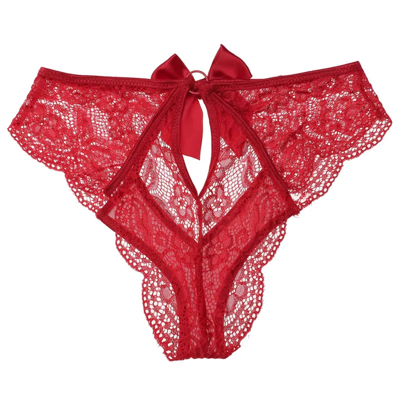 Sexy Bow Panties Hollow Lace Women'S Underpants Low Waist Transparent Underwear Temptation Seamless Thong Sex G String