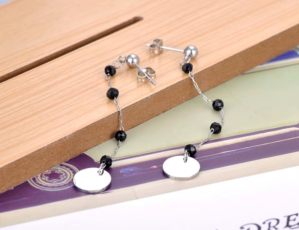 Trendy Titanium Stainless Steel Black CZ Crystal Disc Dangle Earrings for Women Trendy Rhinestone Party Jewelry E21073