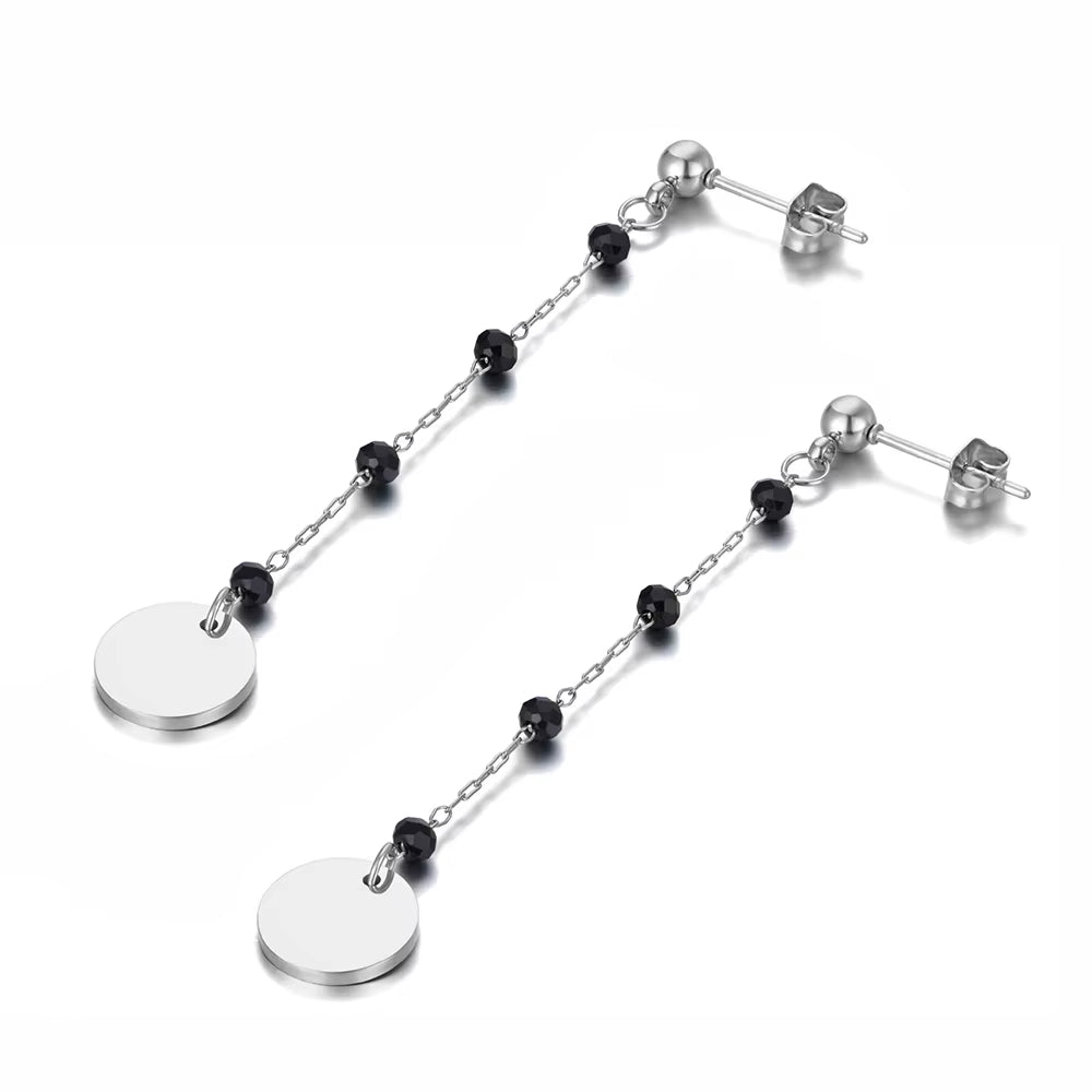 Trendy Titanium Stainless Steel Black CZ Crystal Disc Dangle Earrings for Women Trendy Rhinestone Party Jewelry E21073