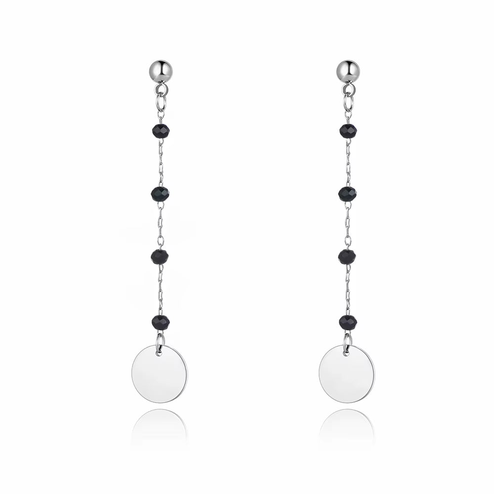Trendy Titanium Stainless Steel Black CZ Crystal Disc Dangle Earrings for Women Trendy Rhinestone Party Jewelry E21073
