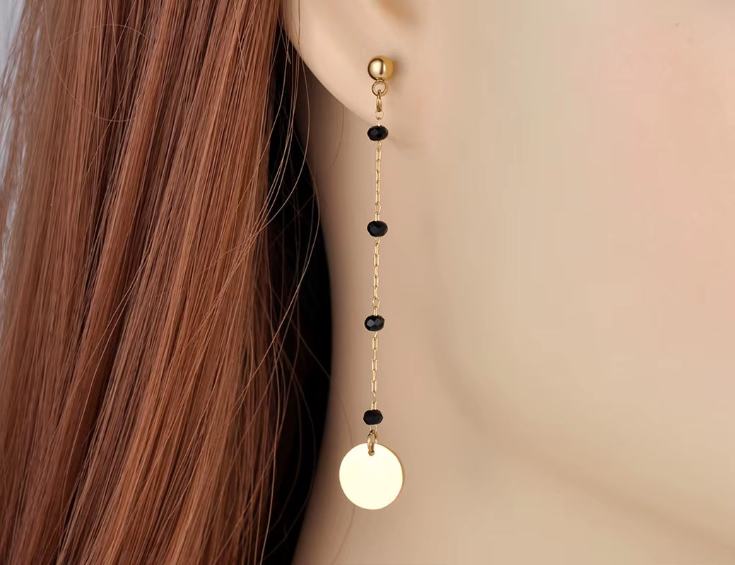 Trendy Titanium Stainless Steel Black CZ Crystal Disc Dangle Earrings for Women Trendy Rhinestone Party Jewelry E21073