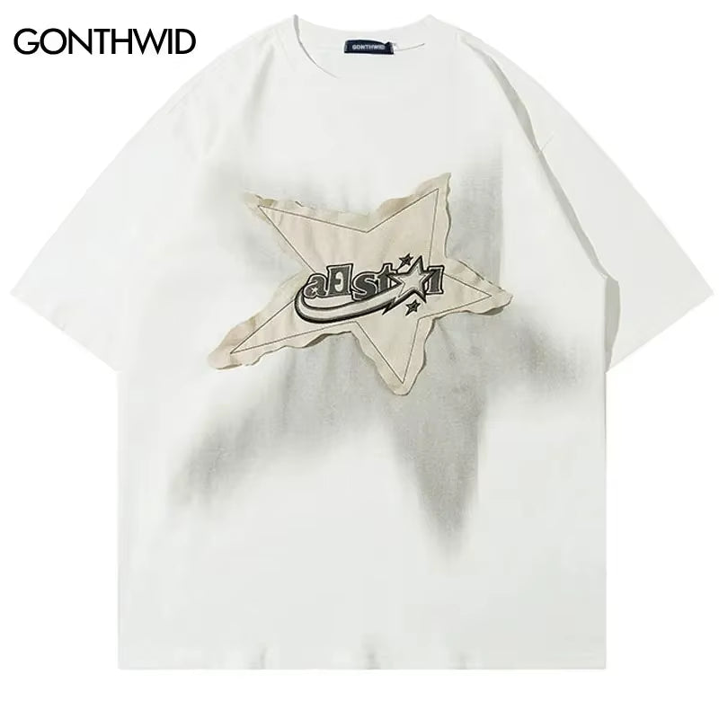 Summer T Shirts Star Splicing Harajuku Streetwear Tees Man Woman 2024 Fashion Casual Loose Cotton Hip Hop Y2K T-Shirt Tops