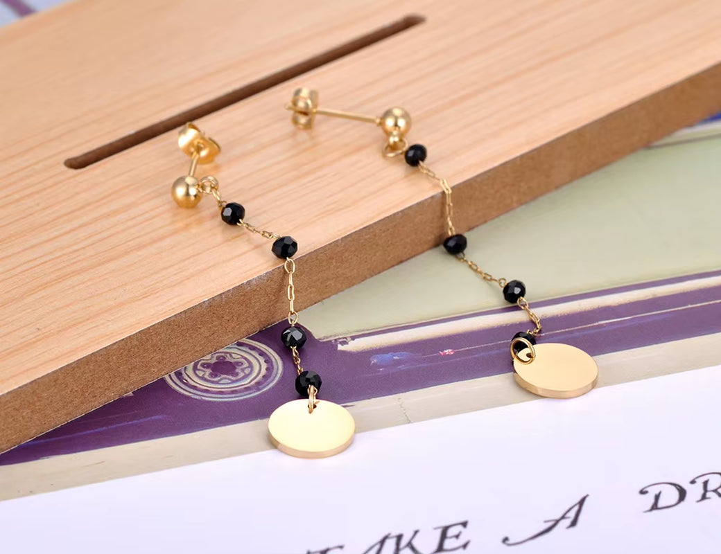 Trendy Titanium Stainless Steel Black CZ Crystal Disc Dangle Earrings for Women Trendy Rhinestone Party Jewelry E21073
