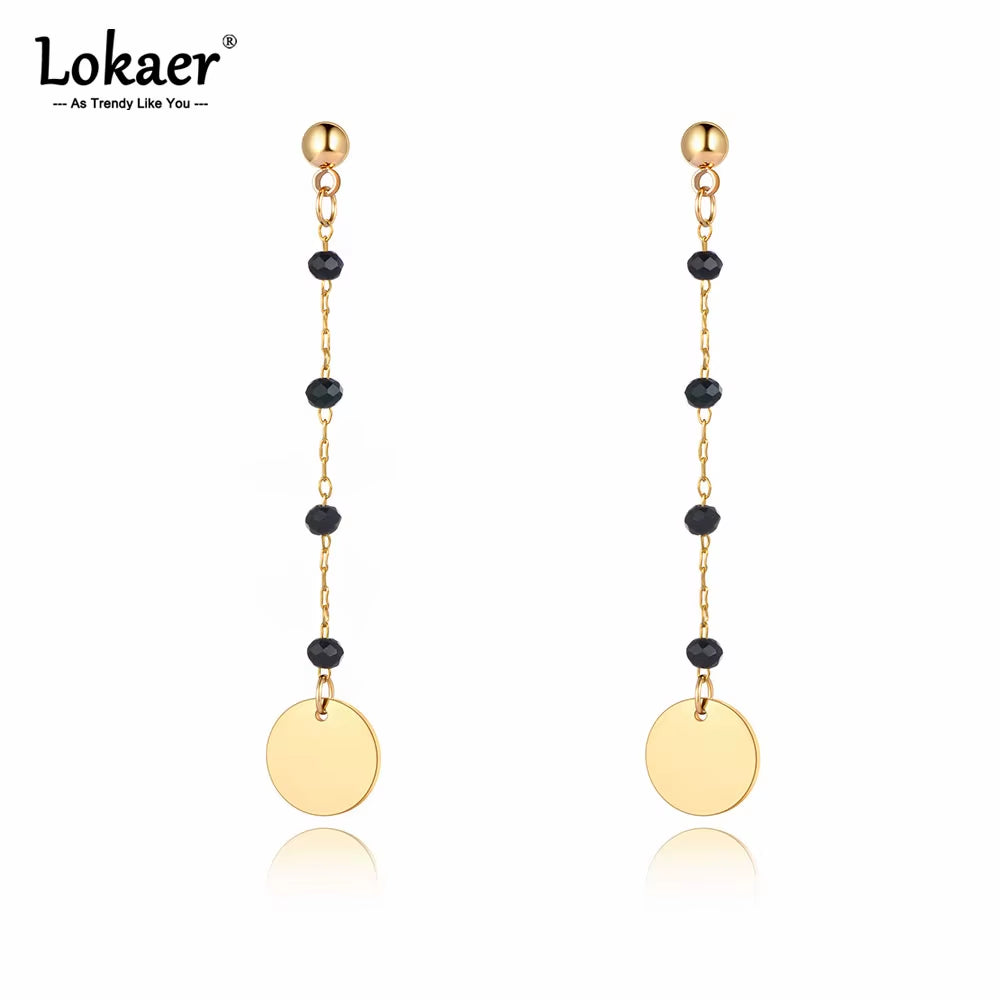 Trendy Titanium Stainless Steel Black CZ Crystal Disc Dangle Earrings for Women Trendy Rhinestone Party Jewelry E21073