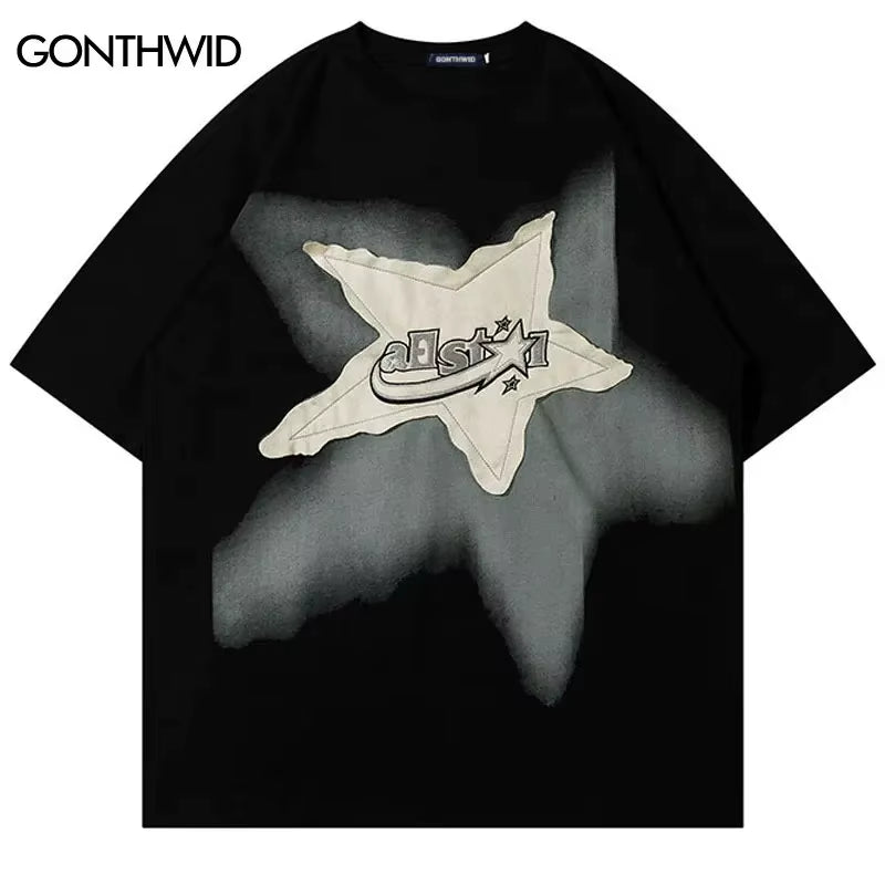 Summer T Shirts Star Splicing Harajuku Streetwear Tees Man Woman 2024 Fashion Casual Loose Cotton Hip Hop Y2K T-Shirt Tops