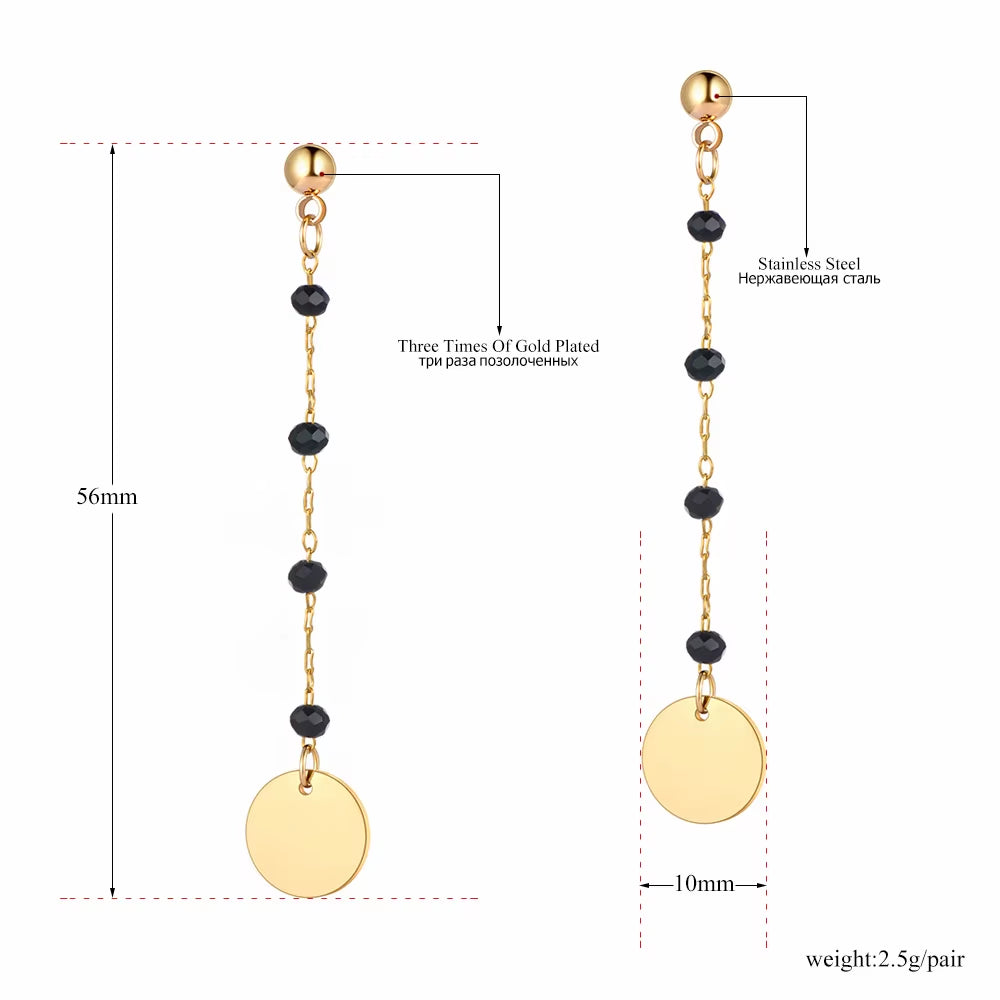 Trendy Titanium Stainless Steel Black CZ Crystal Disc Dangle Earrings for Women Trendy Rhinestone Party Jewelry E21073