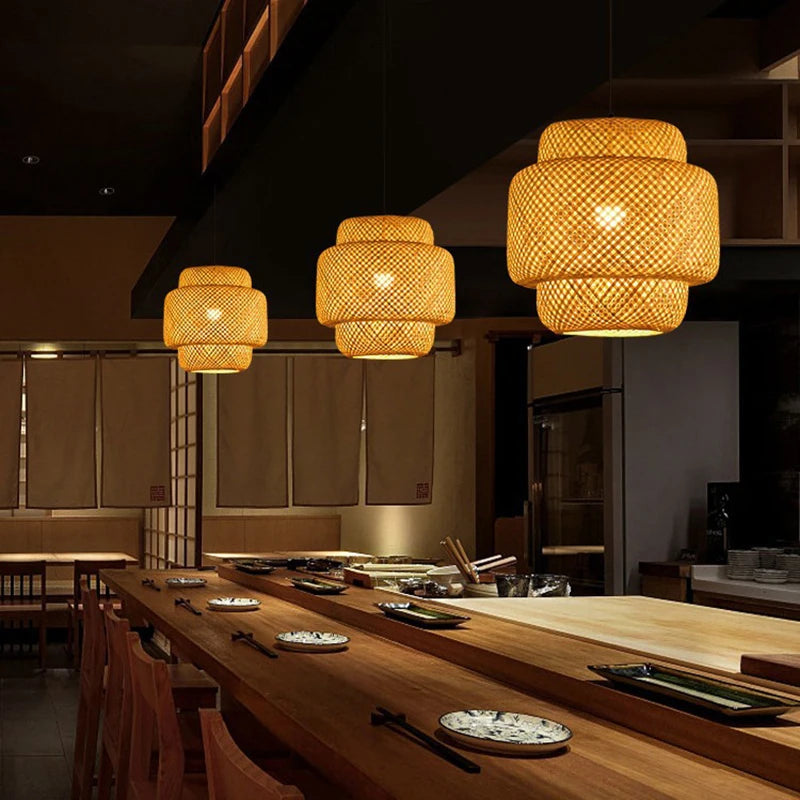 Bamboo Lantern 30Cm Pendant Lamp Natural Rattan Wicker E27 LED Chandeliers Hand-Woven Lampshades Lighting Fixture Hanging Light