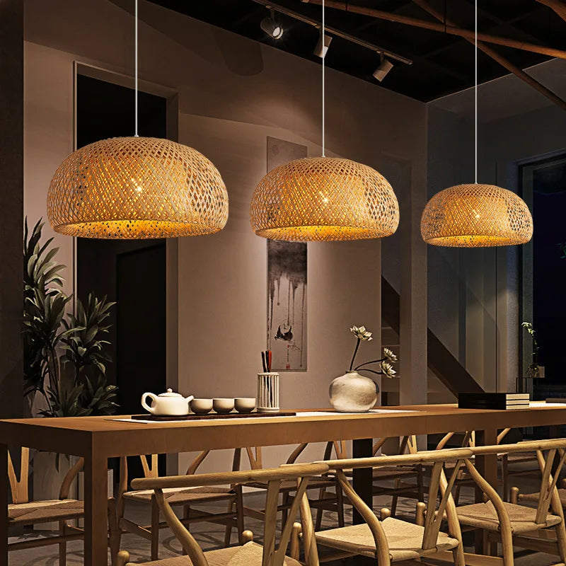 Bamboo Lantern 30Cm Pendant Lamp Natural Rattan Wicker E27 LED Chandeliers Hand-Woven Lampshades Lighting Fixture Hanging Light
