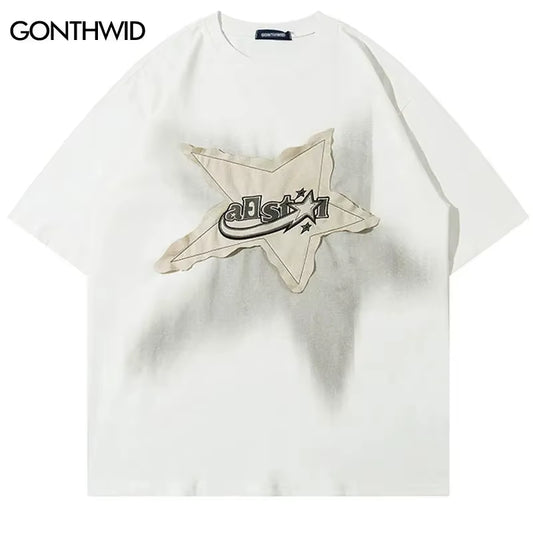 Summer T Shirts Star Splicing Harajuku Streetwear Tees Man Woman 2024 Fashion Casual Loose Cotton Hip Hop Y2K T-Shirt Tops