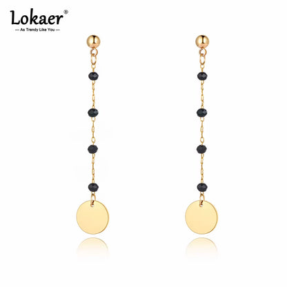 Trendy Titanium Stainless Steel Black CZ Crystal Disc Dangle Earrings for Women Trendy Rhinestone Party Jewelry E21073
