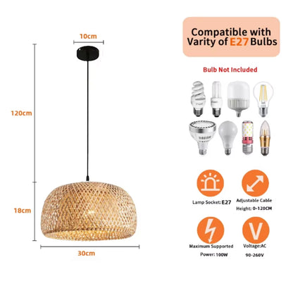 Bamboo Lantern 30Cm Pendant Lamp Natural Rattan Wicker E27 LED Chandeliers Hand-Woven Lampshades Lighting Fixture Hanging Light