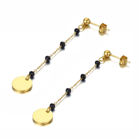 Trendy Titanium Stainless Steel Black CZ Crystal Disc Dangle Earrings for Women Trendy Rhinestone Party Jewelry E21073