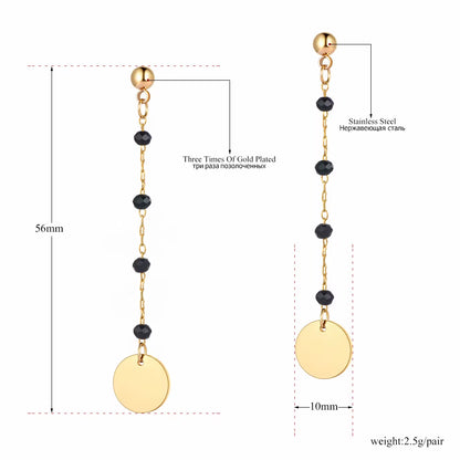 Trendy Titanium Stainless Steel Black CZ Crystal Disc Dangle Earrings for Women Trendy Rhinestone Party Jewelry E21073