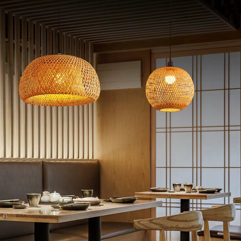 Bamboo Lantern 30Cm Pendant Lamp Natural Rattan Wicker E27 LED Chandeliers Hand-Woven Lampshades Lighting Fixture Hanging Light